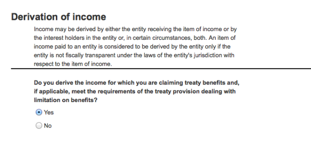 Derivation of income question for companies completing Amazon's online tax questionnaire