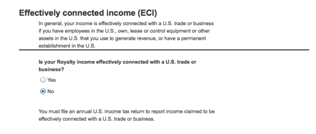 Effectively connected income question for Amazon online tax interview