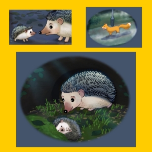 Three children's book illustrations from Ferdinand Fox and the Hedgehog by Karen Inglis, including Ferdinand Fox, Hatty the hedgehog and her baby son Ed.