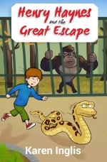 boy chasing a snake with a gorilla looking out from cage -- front cover of Henry Haynes and the Great Escape by Karen Inglis